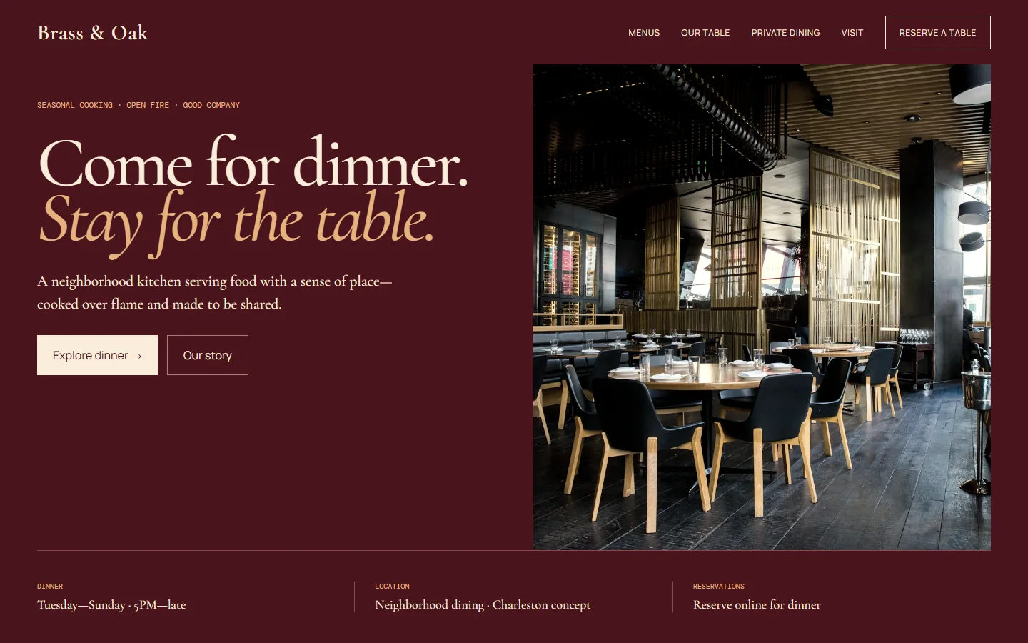 Brass and Oak restaurant website